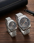 matching silver couple watch set.