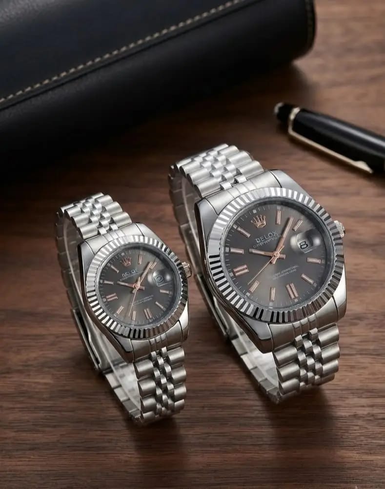 matching silver couple watch set.
