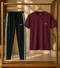 Premium Men's T-Shirt &amp; Track Pant Combo;ich maroon crew-neck T-shirt paired with black athletic track pants