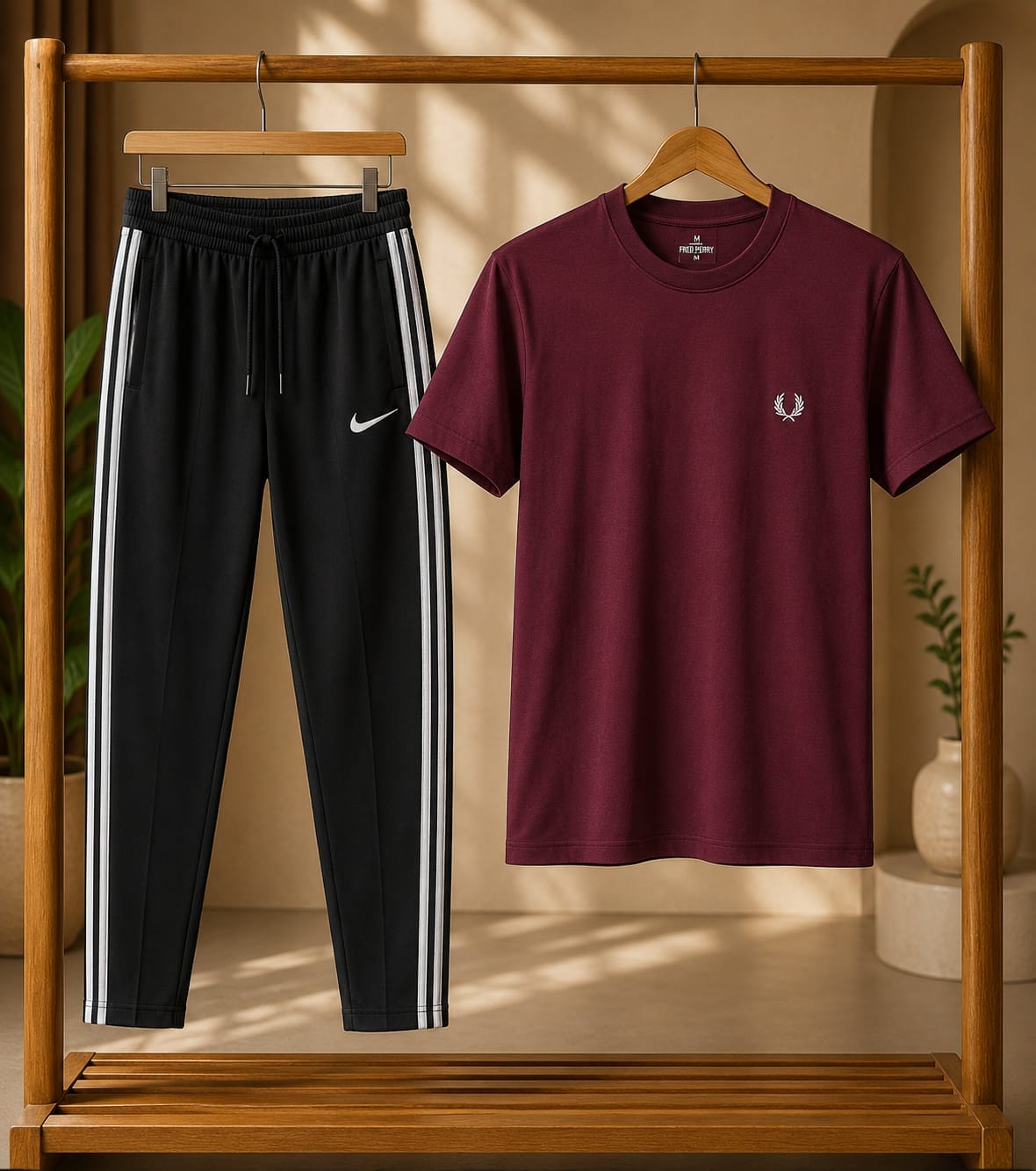 Premium Men's T-Shirt &amp; Track Pant Combo;ich maroon crew-neck T-shirt paired with black athletic track pants