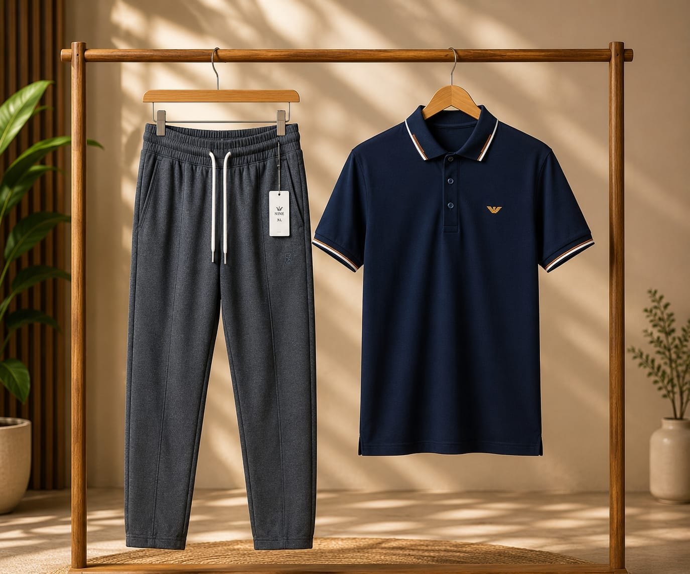 Premium Men's Polo T-Shirt &amp; Trouser Combo,  classic navy blue polo shirt paired with charcoal grey drawstring trouser