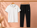 Premium Men's Polo T-Shirt &amp; Trouser Combo, classic white polo shirt; paired with premium black drawstring trouser
