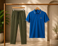 Premium Men's Polo T-Shirt &amp; Trouser Combo; vibrant royal blue polo shir, paired with premium olive green drawstring trouser;t