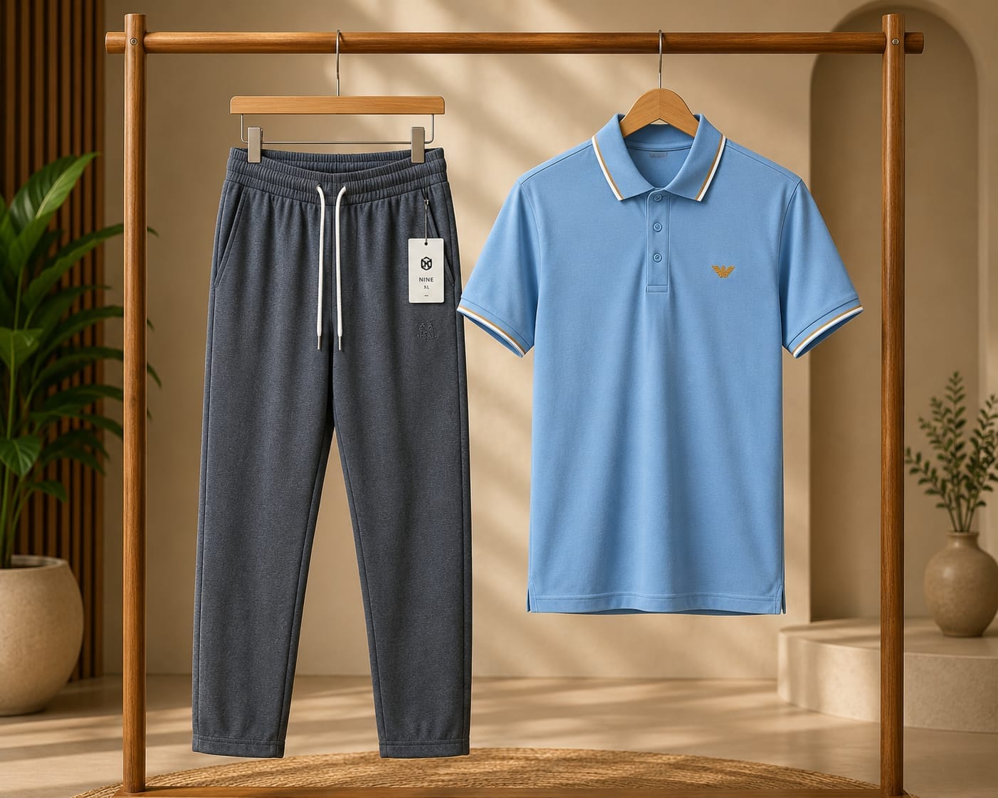 Premium Men's Polo T-Shirt &amp; Trouser Combo;stylish sky blue polo shirt;paired with charcoal grey drawstring trouser