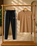Premium Men's T-Shirt &amp; Track Pant Combo; classic beige crew-neck T-shirt paired with black athletic track pants