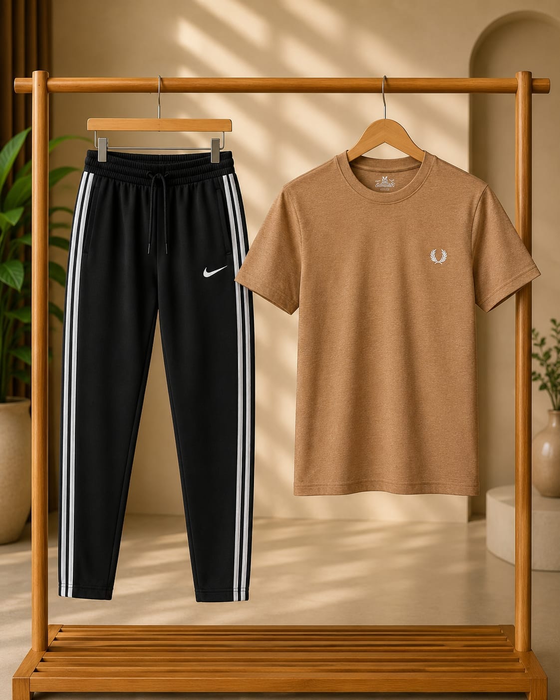 Premium Men's T-Shirt &amp; Track Pant Combo; classic beige crew-neck T-shirt paired with black athletic track pants
