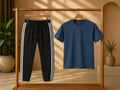 Premium Men's T-Shirt &amp; Track Pant Combo, classic navy blue crew-neck T-shirt paired with black athletic track pants