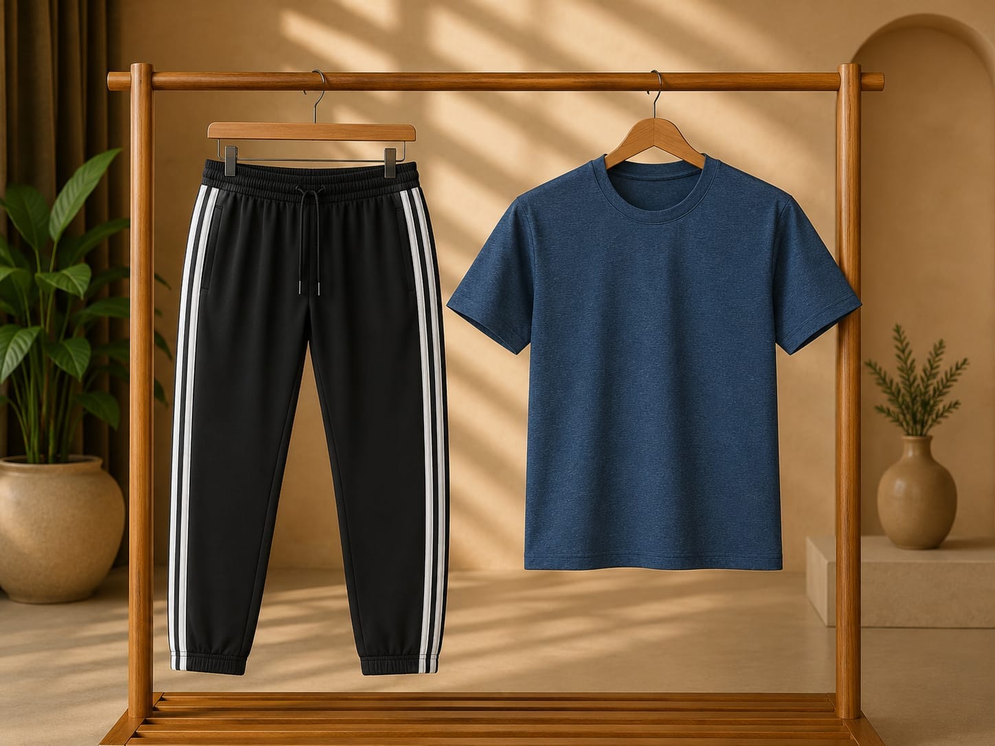 Premium Men's T-Shirt &amp; Track Pant Combo, classic navy blue crew-neck T-shirt paired with black athletic track pants
