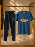 Premium Men's Printed T-Shirt &amp; Track Pant Combo stylish navy blue graphic T-shirt paired with premium black track pants ;