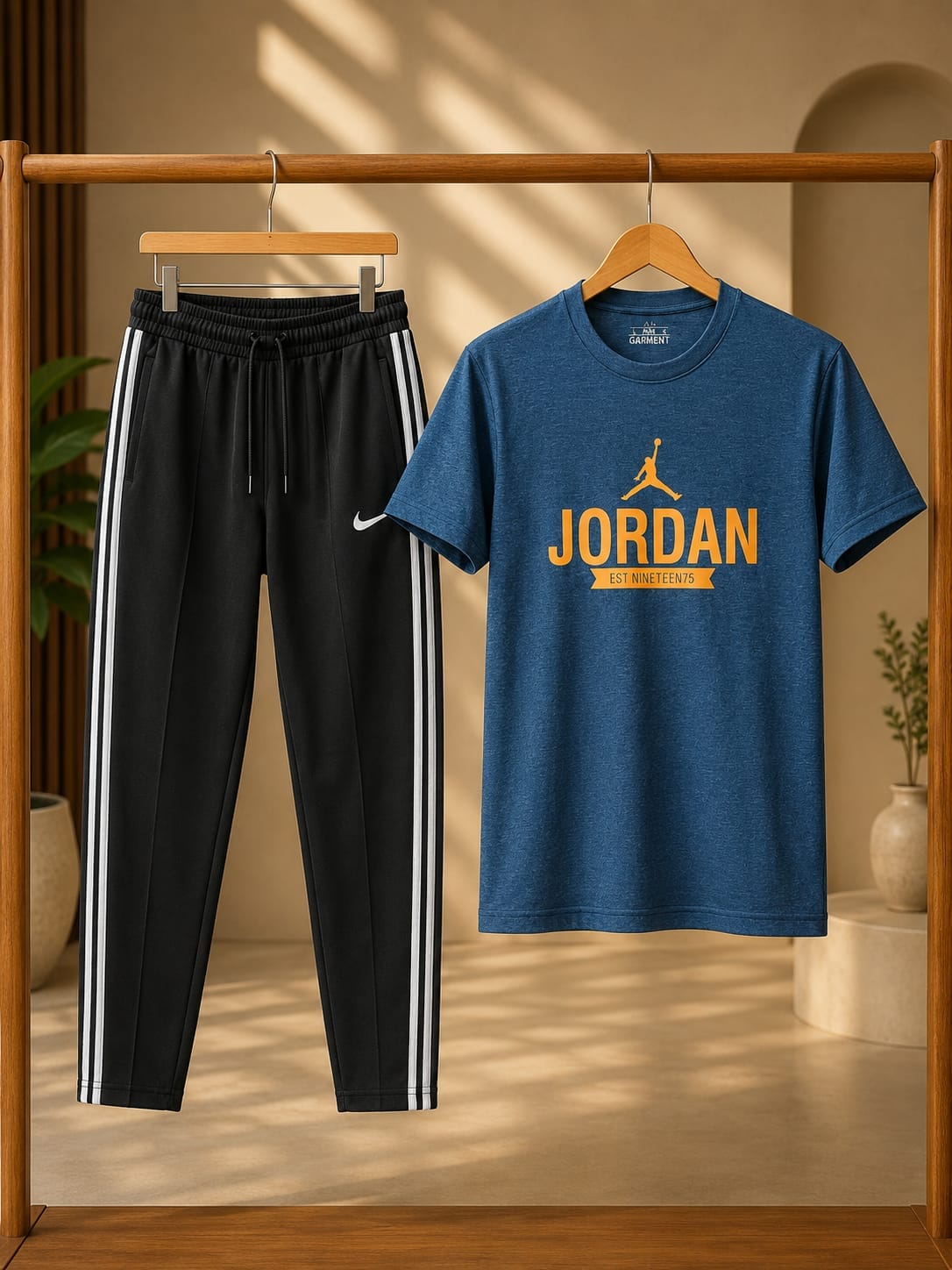 Premium Men's Printed T-Shirt &amp; Track Pant Combo stylish navy blue graphic T-shirt paired with premium black track pants ;
