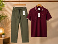 Premium Men's Polo T-Shirt &amp; Trouser Combo,maroon polo shirt with stylish contrast tipping on the collar and sleeves, paired with olive green
