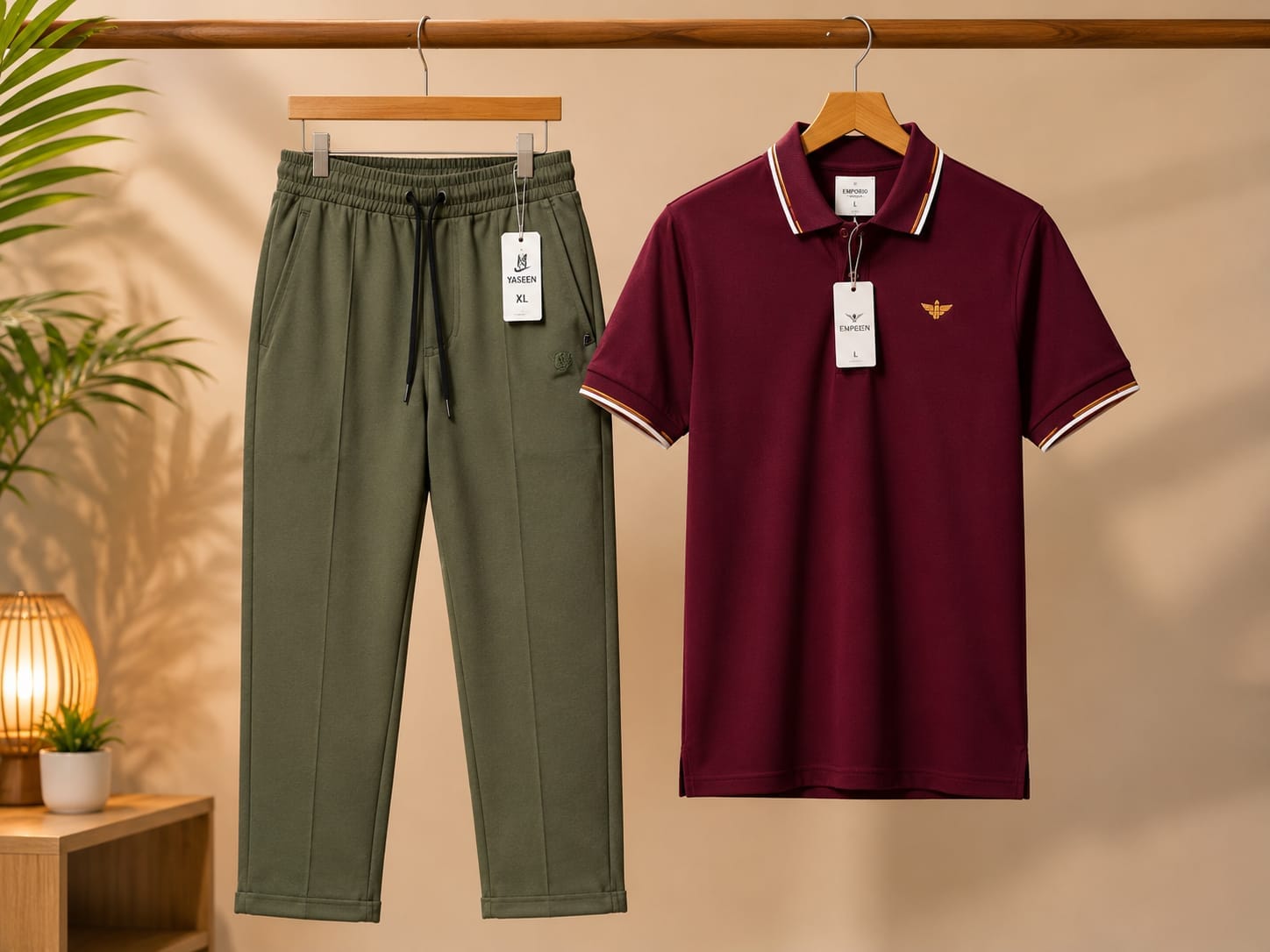 Premium Men's Polo T-Shirt &amp; Trouser Combo,maroon polo shirt with stylish contrast tipping on the collar and sleeves, paired with olive green